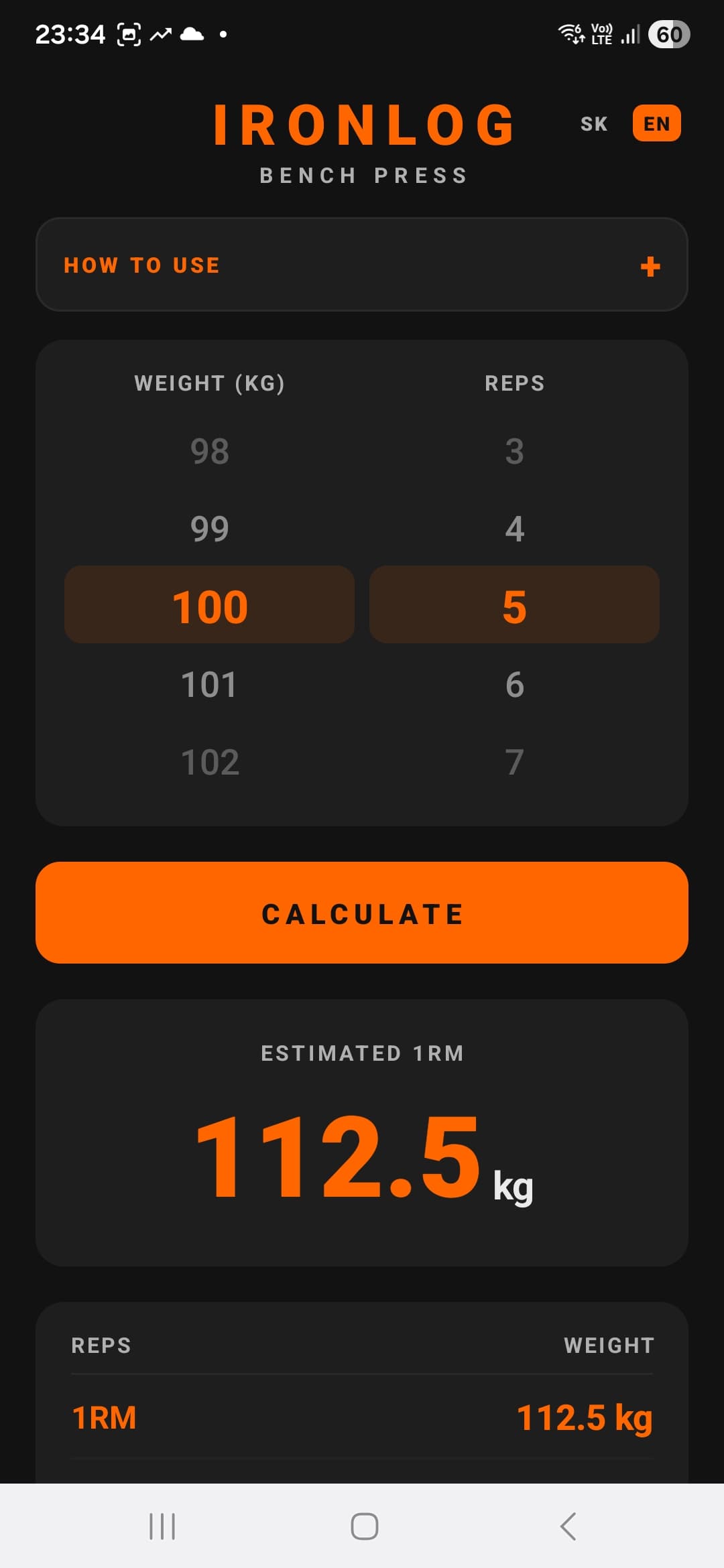 IronLog 1RM calculator screen