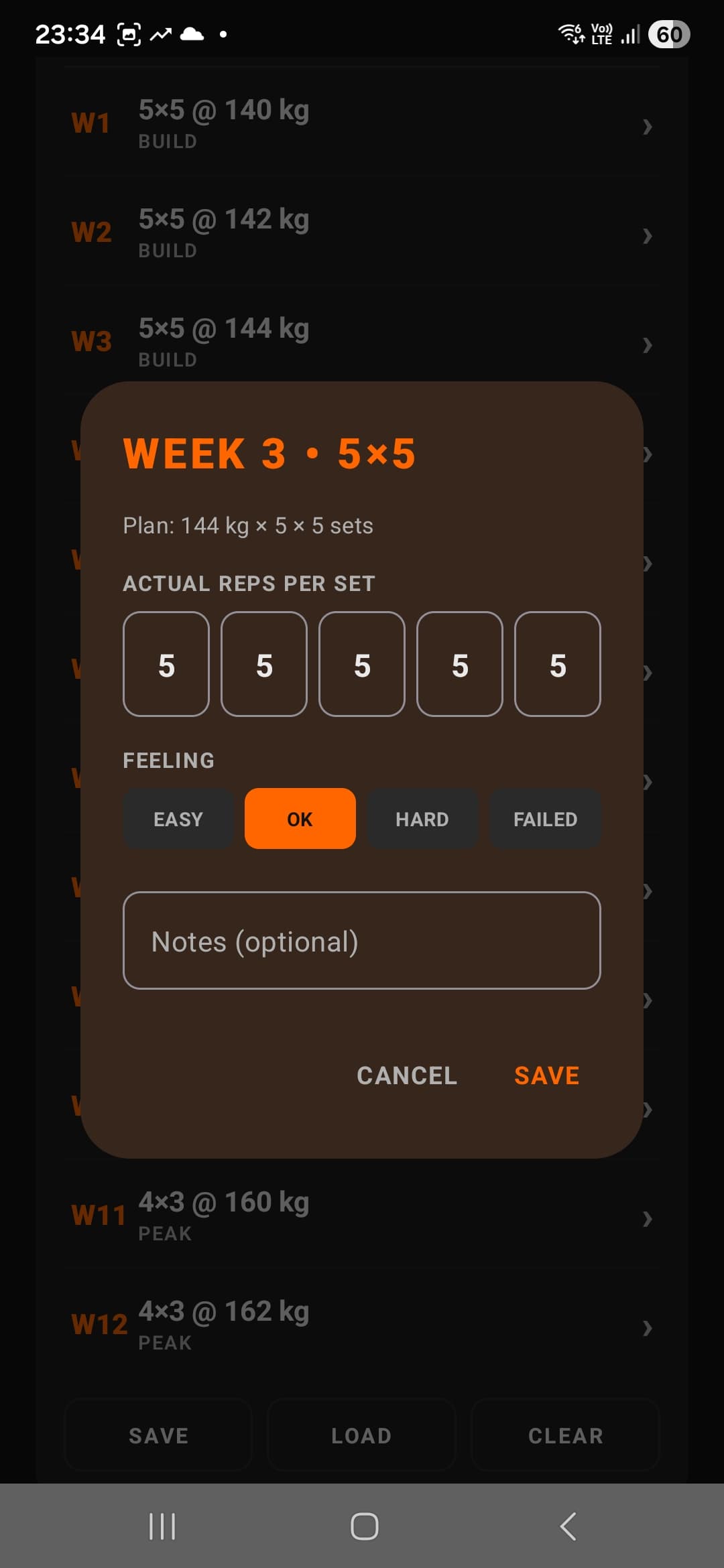 Workout logging dialog