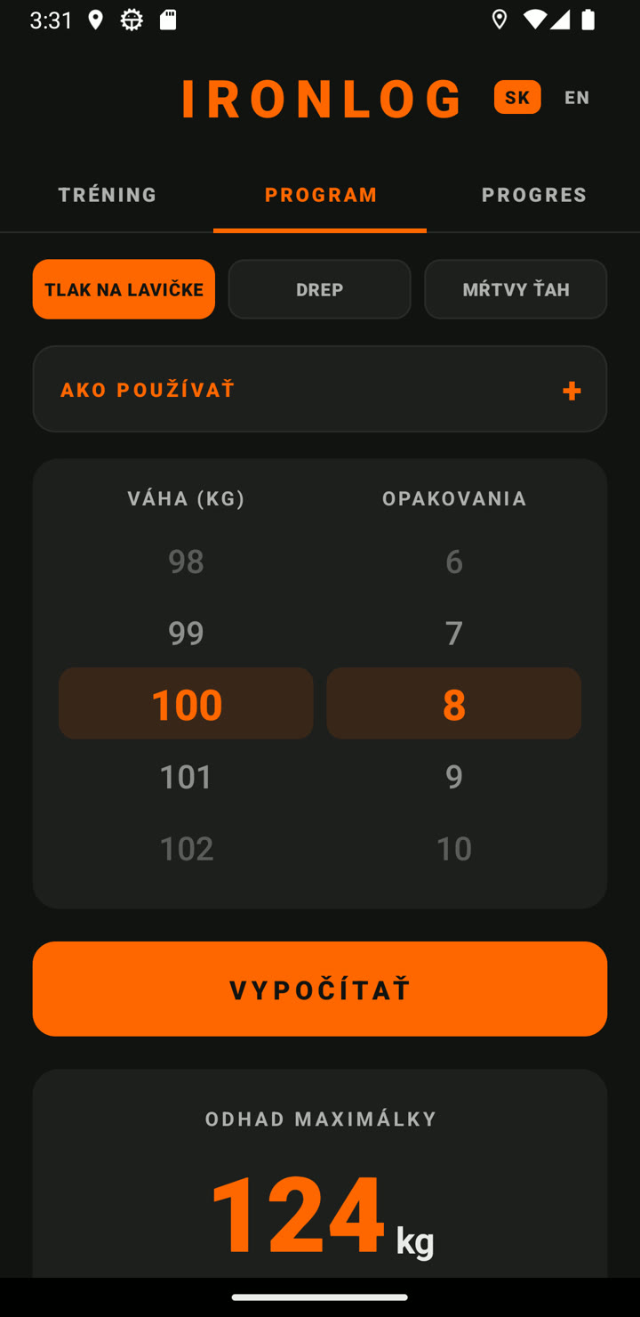 Záložka Program — prepínač lavička, drep, mŕtvy ťah s odhadom 1RM