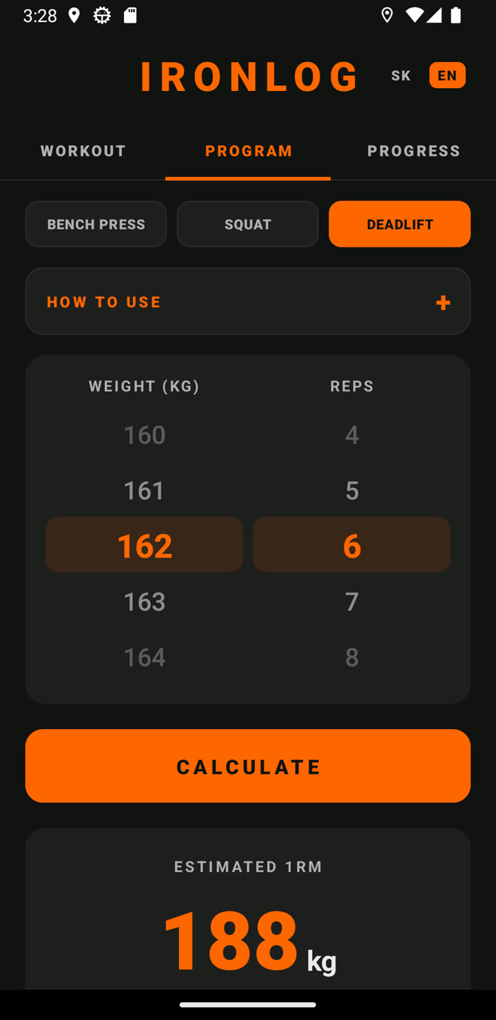 Deadlift selected — 162 kg × 6 gives an estimated 188 kg max