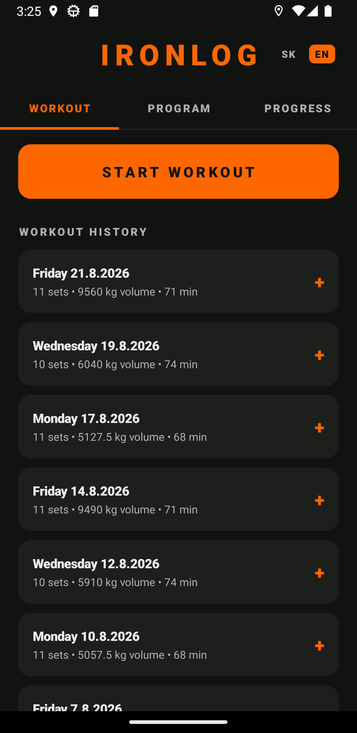 Training tab — list of workouts with date, sets, volume and duration