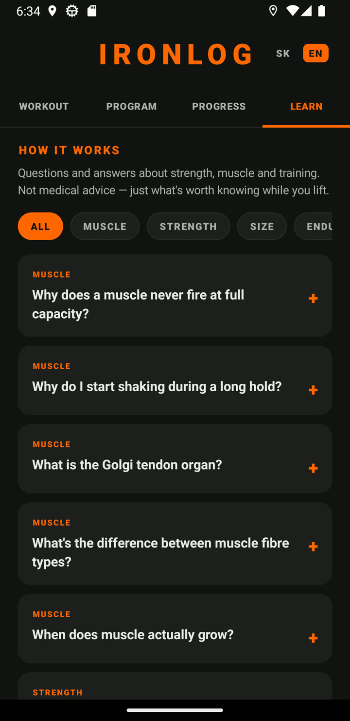 Learn tab — question cards with category filter