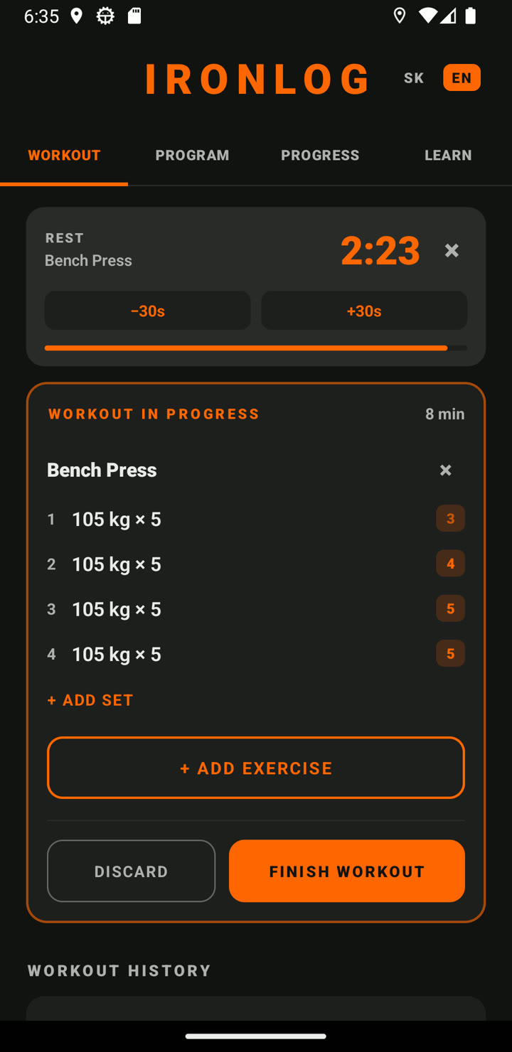 Rest timer bar above a running workout — countdown, minus and plus 30 seconds