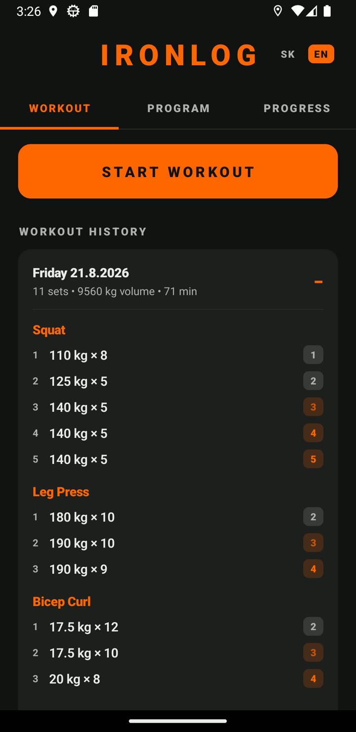 Training tab — a workout opened with all sets and effort ratings
